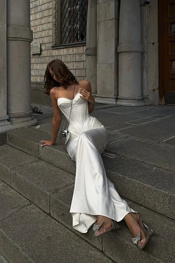 Robe de bal longue en satin blanc avec corset et décolleté en cœur style sirène Weitese